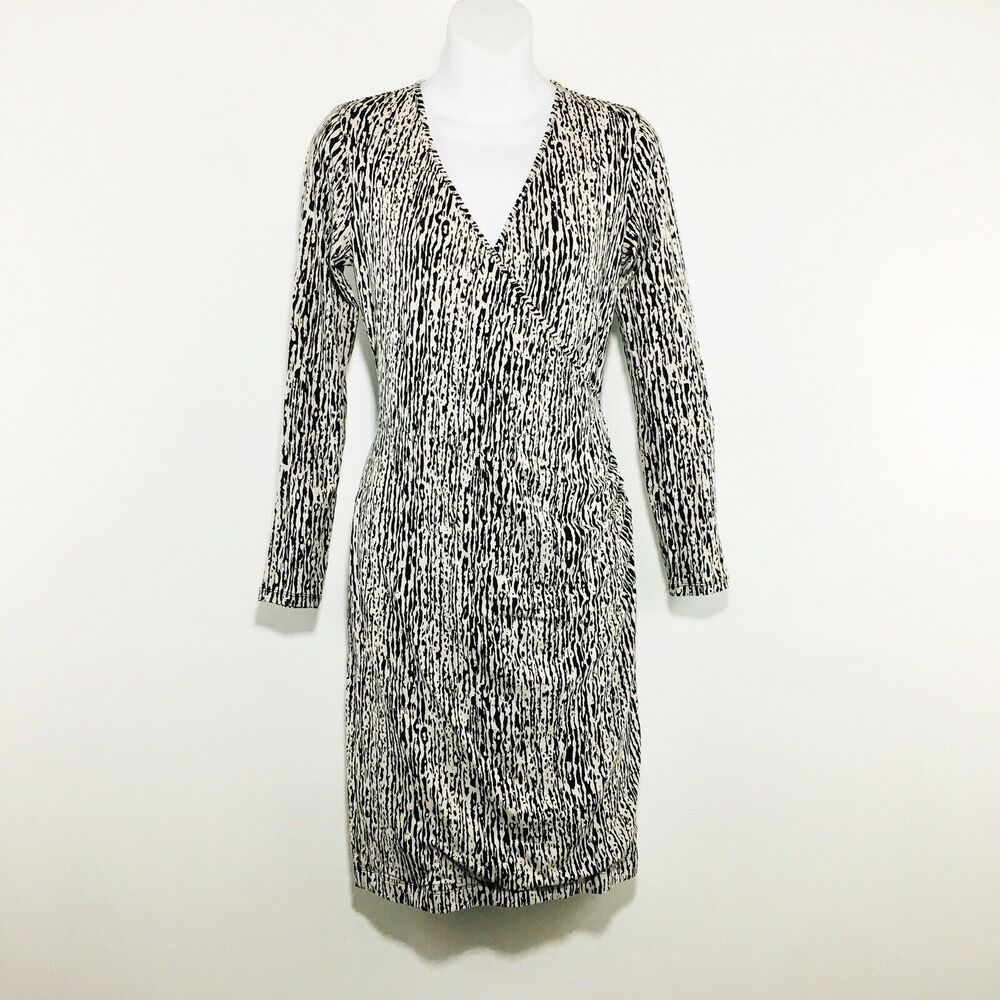 Banana Republic Dress Sz S Petite Stretch Black/Cream Faux Wrap Animal Print